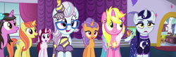 Size: 2227x718 | Tagged: safe, screencap, character:cayenne, character:citrus blush, character:moonlight raven, character:north point, character:pretzel twist, character:sunshine smiles, species:pony, species:unicorn, episode:canterlot boutique, g4, my little pony: friendship is magic, background pony, canterlot carousel, clothing, dress, female, in-spire-ation, lily love, over the moon, panorama, tripping the light