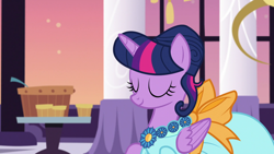 Size: 1920x1080 | Tagged: safe, screencap, character:twilight sparkle, character:twilight sparkle (alicorn), species:alicorn, species:pony, episode:make new friends but keep discord, g4, my little pony: friendship is magic, alternate hairstyle, beautiful, cheerful, clothing, dress, female, folded wings, food, gala, gala dress, grand galloping gala, hair bun, jewelry, mare, necklace, smiling, table, wings