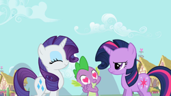 Size: 1280x720 | Tagged: safe, screencap, character:rarity, character:spike, character:twilight sparkle, character:twilight sparkle (unicorn), species:dragon, species:pony, species:unicorn, episode:the cutie pox, g4, my little pony: friendship is magic, alternate hairstyle, eyes closed, female, heart eyes, hub logo, male, mare, rarity hair, smiling, trio, twilight is not amused, unamused, wingding eyes