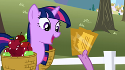 Size: 1280x720 | Tagged: safe, screencap, character:spike, character:twilight sparkle, species:pony, species:unicorn, episode:the ticket master, g4, my little pony: friendship is magic, apple, apple basket, basket, food, gala ticket, happy, ticket