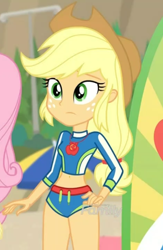 Size: 470x719 | Tagged: safe, screencap, character:applejack, episode:blue crushed (a.k.a baewatch), g4, my little pony:equestria girls, belly button, clothing, cropped, curvy, geode of super strength, midriff, solo, surfboard, swimsuit