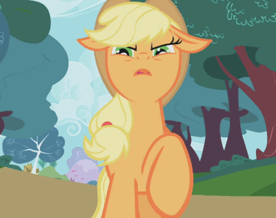 Size: 400x316 | Tagged: safe, screencap, character:applejack, species:earth pony, species:pony, episode:applebuck season, g4, my little pony: friendship is magic, angry, animated, close-up, female, gif, low angle, mare, solo