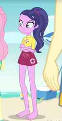 Size: 445x864 | Tagged: safe, screencap, character:fluttershy, episode:blue crushed (a.k.a baewatch), g4, my little pony:equestria girls, angry, background human, baewatch, barefoot, beach, clothing, cropped, feet, legs, lifeguard, midriff, shorts, swimsuit, valhallen