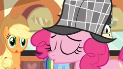 Size: 960x540 | Tagged: safe, screencap, character:applejack, character:pinkie pie, character:rainbow dash, episode:mmmystery on the friendship express, g4, my little pony: friendship is magic, clothing, deerstalker, friendship express, hat, mulia mild, sherlock hat, sherlock holmes