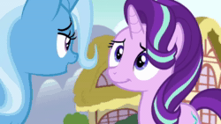 Size: 1280x720 | Tagged: safe, screencap, character:starlight glimmer, character:trixie, species:pony, species:unicorn, episode:all bottled up, g4, my little pony: friendship is magic, animated, crying, friendship, house, mountain, ponyville, praise, saddle bag, smiling, sound, tears of joy, tree, webm