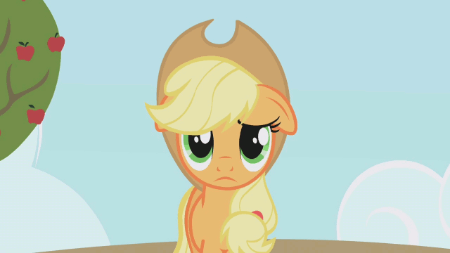 Size: 640x360 | Tagged: safe, screencap, character:applejack, species:earth pony, species:pony, episode:applebuck season, g4, my little pony: friendship is magic, animated, female, floppy ears, gif, gulp, mare, solo, worried