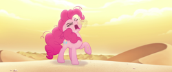 Size: 1920x804 | Tagged: safe, screencap, character:pinkie pie, species:pony, my little pony: the movie (2017), bags under eyes, bone dry desert, coughing, desert, dust, eyes closed, messy mane, raised hoof, sand, solo, sweat, tired