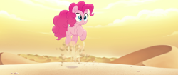 Size: 1920x804 | Tagged: safe, screencap, character:pinkie pie, species:earth pony, species:pony, my little pony: the movie (2017), bone dry desert, bouncing, desert, dust, dust cloud, excited, happy, pronking, sand