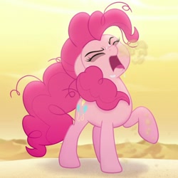 Size: 678x678 | Tagged: safe, screencap, character:pinkie pie, species:earth pony, species:pony, my little pony: the movie (2017), bone dry desert, coughing, cropped, eyes closed, raised hoof, solo