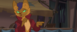 Size: 1920x804 | Tagged: safe, screencap, character:capper dapperpaws, species:abyssinian, species:anthro, my little pony: the movie (2017), cat, cunning, klugetown, pointing, raised eyebrow