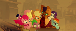 Size: 1920x804 | Tagged: safe, screencap, character:applejack, character:capper dapperpaws, character:fluttershy, character:pinkie pie, character:rainbow dash, character:rarity, character:spike, character:twilight sparkle, character:twilight sparkle (alicorn), species:abyssinian, species:alicorn, species:anthro, species:dragon, species:earth pony, species:pegasus, species:pony, species:unicorn, my little pony: the movie (2017), anthro with ponies, behaving like a dog, covering eyes, cute, diapinkes, excited, happy, i'm the friend you need, klugetown, mane seven, mane six, pinkie being pinkie, scared, scarred, smiling, tongue out, unsure, varying degrees of want