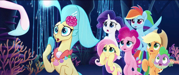 Size: 600x253 | Tagged: safe, screencap, character:applejack, character:fluttershy, character:pinkie pie, character:princess skystar, character:queen novo, character:rainbow dash, character:rarity, character:spike, species:seapony (g4), my little pony: the movie (2017), animated, furious, gif, puffer fish, queen novo is not amused, queen novo's orb, seaponified, seapony applejack, seapony fluttershy, seapony pinkie pie, seapony rainbow dash, seapony rarity, species swap, spike the pufferfish