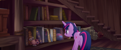 Size: 1920x804 | Tagged: safe, screencap, character:twilight sparkle, character:twilight sparkle (alicorn), species:alicorn, species:pony, my little pony: the movie (2017), ball, book, bookshelf, capper's house, carpet, cat toy, female, mare, mouse, plot, rug, scroll, solo, staircase, stairs, string, toy, wind up key, yarn, yarn ball