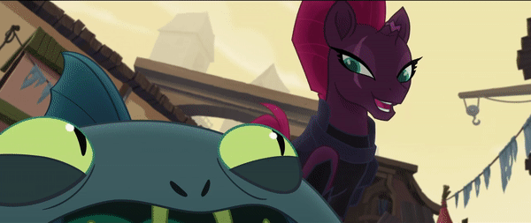 Size: 600x253 | Tagged: safe, screencap, character:mori, character:tempest shadow, species:pony, my little pony: the movie (2017), animated, broken horn, eye scar, fishman, out of context, scar, sparking horn