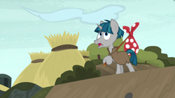 Size: 1280x720 | Tagged: safe, screencap, character:stygian, species:pony, species:unicorn, episode:shadow play, g4, my little pony: friendship is magic, bindle, cloak, clothing, concerned, hoof hold, solo