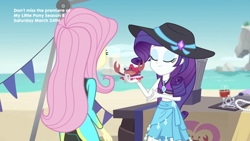 Size: 2208x1242 | Tagged: safe, screencap, character:fluttershy, character:rarity, species:crab, episode:too hot to handle, g4, my little pony:equestria girls, bikini, clothing, geode of shielding, jewelry, midriff, necklace, pearl necklace, swimsuit, tiara, wetsuit