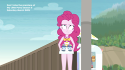 Size: 2208x1242 | Tagged: safe, screencap, character:pinkie pie, episode:too hot to handle, g4, my little pony:equestria girls, clothing, geode of sugar bombs, one-piece swimsuit, snow cone, solo, swimsuit