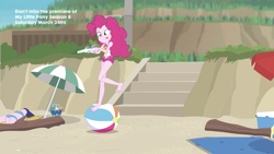 Size: 2208x1242 | Tagged: safe, screencap, character:pinkie pie, episode:too hot to handle, g4, my little pony:equestria girls, ball, barefoot, beach ball, clothing, cute, diapinkes, feet, geode of sugar bombs, one-piece swimsuit, snow cone, solo, swimsuit
