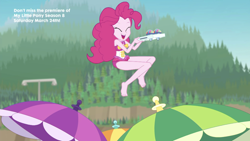 Size: 2208x1242 | Tagged: safe, screencap, character:pinkie pie, episode:too hot to handle, g4, my little pony:equestria girls, barefoot, beach umbrella, clothing, cute, diapinkes, feet, geode of sugar bombs, happy, one-piece swimsuit, snow cone, solo, swimsuit, umbrella