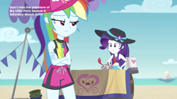 Size: 2208x1242 | Tagged: safe, screencap, character:rainbow dash, character:rarity, species:crab, episode:too hot to handle, g4, my little pony:equestria girls, beach, belly button, clothing, geode of shielding, geode of super speed, hat, magical geodes, midriff, swimsuit