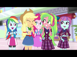 Size: 2048x1536 | Tagged: safe, screencap, character:applejack, character:lemon zest, character:pinkie pie, character:rainbow dash, character:sunny flare, equestria girls:dance magic, g4, my little pony:equestria girls, adoraflare, applejack's hat, bow tie, clothing, cowboy hat, crystal prep shadowbolts, cute, female, freckles, hat, headphones, plaid skirt, pleated skirt, school uniform, skirt, zestabetes