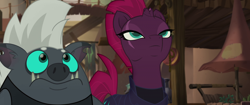 Size: 1920x804 | Tagged: safe, screencap, character:grubber, character:tempest shadow, species:pony, species:unicorn, my little pony: the movie (2017), apathy, armor, broken horn, colored sclera, duo, emotionless, eye scar, female, hedgehog, klugetown, lidded eyes, looking up, male, mare, mohawk, scar, scared, wide eyes
