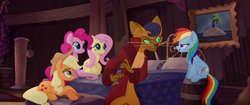 Size: 1920x804 | Tagged: safe, screencap, character:applejack, character:capper dapperpaws, character:fluttershy, character:pinkie pie, character:rainbow dash, species:abyssinian, species:anthro, species:earth pony, species:pegasus, species:pony, my little pony: the movie (2017), anthro with ponies, ball, bed, clothing, coat, painting, scratching post, sitting, yarn