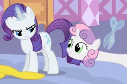 Size: 737x490 | Tagged: safe, screencap, character:rarity, character:sweetie belle, species:pony, species:unicorn, episode:stare master, g4, my little pony: friendship is magic, are you frustrated?, cartoon physics, cutie mark, duo, female, filly, indoors, long neck, mare, meme, necc, rarity's bedroom, scissors, sisters