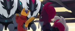 Size: 1920x804 | Tagged: safe, screencap, character:capper dapperpaws, character:grubber, character:tempest shadow, species:abyssinian, species:anthro, species:pony, species:unicorn, my little pony: the movie (2017), anthro with ponies, armor, broken horn, clothing, coat, hedgehog, scared, storm guard, surprised, tempest shadow's bodyguard