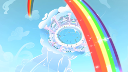 Size: 1280x720 | Tagged: safe, screencap, episode:sonic rainboom, g4, my little pony: friendship is magic, bird's eye view, cloud, cloudiseum, rainbow, sky, stadium