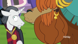 Size: 1920x1080 | Tagged: safe, screencap, character:chancellor neighsay, character:prince rutherford, species:pony, species:unicorn, species:yak, episode:school daze, g4, my little pony: friendship is magic, discovery family logo, duo, ear piercing, earring, horn ring, jewelry, male, piercing, shout, stallion
