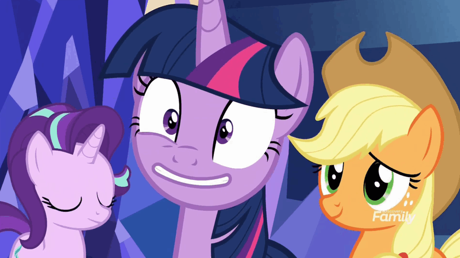 Size: 897x503 | Tagged: safe, screencap, character:applejack, character:starlight glimmer, character:twilight sparkle, character:twilight sparkle (alicorn), species:alicorn, species:pony, episode:school daze, g4, my little pony: friendship is magic, animated, eye twitch