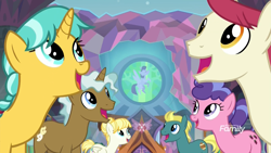 Size: 1920x1080 | Tagged: safe, screencap, character:berry blend, character:berry bliss, character:citrine spark, character:end zone, character:fire quacker, character:sugar maple, character:summer breeze, species:earth pony, species:pegasus, species:pony, species:unicorn, episode:school daze, g4, my little pony: friendship is magic, background pony, clever musings, end zone, female, friendship student, hair bun, male, mare, school of friendship, stallion