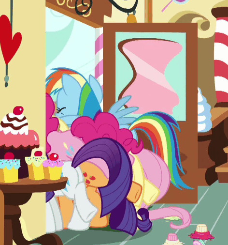 Size: 472x506 | Tagged: safe, screencap, character:applejack, character:fluttershy, character:pinkie pie, character:rainbow dash, character:rarity, species:earth pony, species:pegasus, species:pony, species:unicorn, episode:school daze, g4, my little pony: friendship is magic, animated, bucking, butt, buttstuck, cropped, cupcake, dialogue, door, female, food, hoofy-kicks, horses doing horse things, mare, out of context, plot, silly, silly pony, stuck, sugarcube corner, tail, wat