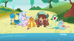 Size: 1920x1080 | Tagged: safe, screencap, character:gallus, character:ocellus, character:sandbar, character:silverstream, character:smolder, character:yona, species:changeling, species:classical hippogriff, species:dragon, species:earth pony, species:griffon, species:hippogriff, species:pony, species:reformed changeling, species:yak, episode:school daze, g4, my little pony: friendship is magic, beach, cloven hooves, female, jewelry, lake, laughing, male, necklace, saddle lake, sitting, student six