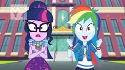 Size: 1920x1080 | Tagged: safe, screencap, character:rainbow dash, character:twilight sparkle, character:twilight sparkle (scitwi), species:eqg human, episode:the last day of school, g4, my little pony:equestria girls, book, canterlot high, duo, geode of super speed, looking at you, magical geodes, school