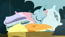 Size: 1396x802 | Tagged: safe, screencap, character:ocellus, species:changeling, species:reformed changeling, episode:school daze, g4, my little pony: friendship is magic, bed bug, blanket, comfy, cuddly, cute, cuteling, dawwww, diaocelles, eyes closed, female, pillow, sleeping, smiling, solo, that changeling sure does love pillows, wagon