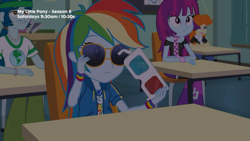 Size: 1280x720 | Tagged: safe, screencap, character:captain planet, character:mystery mint, character:rainbow dash, episode:the last day of school, g4, my little pony:equestria girls, 3d glasses, background human, geode of super speed, glasses, golden hazel, magical geodes, sunglasses