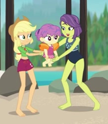 Size: 350x402 | Tagged: safe, screencap, character:applejack, character:victoria, episode:turf war, g4, my little pony:equestria girls, applejack's hat, baby, background human, barefoot, clothing, cowboy hat, cropped, feet, female, hat, legs, lifeguard applejack, mother, mother and child, mother and daughter, one-piece swimsuit, shorts, swimming trunks, swimsuit, toddler, victoria, water lily (equestria girls)