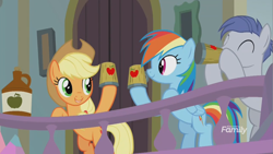 Size: 1277x718 | Tagged: safe, screencap, character:applejack, character:rainbow dash, character:slate sentiments, species:earth pony, species:pegasus, species:pony, episode:school daze, g4, my little pony: friendship is magic, background pony, cider, drinking, eyes closed, female, friendship student, hoof hold, jug, male, mare, mug, stallion, tankard