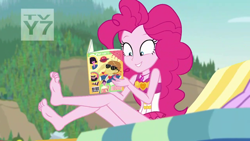 Size: 1280x720 | Tagged: safe, screencap, character:feather bangs, character:pinkie pie, episode:friendship math, g4, my little pony:equestria girls, barefoot, clothing, feet, magazine, one-piece swimsuit, soles, solo, swimsuit, toes