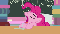 Size: 1920x1080 | Tagged: safe, screencap, character:pinkie pie, episode:school daze, g4, my little pony: friendship is magic, book, chalkboard, drool, drool string, sleeping, solo
