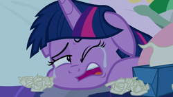 Size: 1920x1080 | Tagged: safe, screencap, character:twilight sparkle, character:twilight sparkle (alicorn), species:alicorn, species:pony, episode:school daze, g4, my little pony: friendship is magic, crying, cute, floppy ears, one eye closed, one eye open, sadorable, solo, tissue box