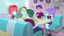 Size: 1280x720 | Tagged: safe, screencap, character:crystal lullaby, character:melon mint, character:rainbow dash, episode:pinkie pie: snack psychic, g4, my little pony:equestria girls, background human, chips, food, marco dafoy, nachos, peacock plume, soup, sports outfit, sports shorts, sweet snacks cafe, table