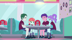 Size: 1280x720 | Tagged: safe, screencap, character:crystal lullaby, character:melon mint, episode:pinkie pie: snack psychic, g4, my little pony:equestria girls, background human, lamp, marco dafoy, peacock plume, sad, sports outfit, sports shorts, sweet snacks cafe, table
