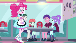 Size: 1280x720 | Tagged: safe, screencap, character:crystal lullaby, character:melon mint, character:pinkie pie, episode:pinkie pie: snack psychic, g4, my little pony:equestria girls, apron, clothing, diner, lamp, marco dafoy, peacock plume, roller skates, sad, server pinkie pie, shoes, sneakers, sports outfit, sports shorts, sweet snacks cafe, table, waitress