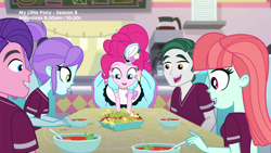 Size: 1280x720 | Tagged: safe, screencap, character:crystal lullaby, character:melon mint, character:pinkie pie, episode:pinkie pie: snack psychic, g4, my little pony:equestria girls, background human, chips, excited, food, happy, looking at something, marco dafoy, nachos, peacock plume, server pinkie pie, soup, sports outfit, sweet snacks cafe, table