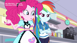 Size: 1280x720 | Tagged: safe, screencap, character:pinkie pie, character:rainbow dash, episode:pinkie pie: snack psychic, g4, my little pony:equestria girls, apron, clock, clothing, condiments, crossed arms, happy, server pinkie pie, smug, sweet snacks cafe