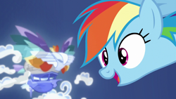 Size: 1280x720 | Tagged: safe, screencap, character:rainbow dash, species:pegasus, species:pony, episode:school daze, g4, my little pony: friendship is magic, airship, bust, celaeno's airship, cloud, continuity, female, hologram, mare, open mouth, portrait, solo