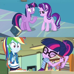 Size: 2048x2048 | Tagged: safe, screencap, character:rainbow dash, character:starlight glimmer, character:twilight sparkle, character:twilight sparkle (alicorn), character:twilight sparkle (scitwi), species:alicorn, species:eqg human, species:pony, species:unicorn, episode:school daze, episode:the last day of school, g4, my little pony: friendship is magic, my little pony:equestria girls, book, eea rulebook, geode of super speed, magical geodes, slap, spread wings, that girl sure does love books, water, wings